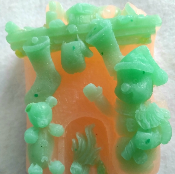 Santa Snowman by the Fireplace on Chritmas Eve with Toys in Pink and Green Soap - Picture 1 of 10